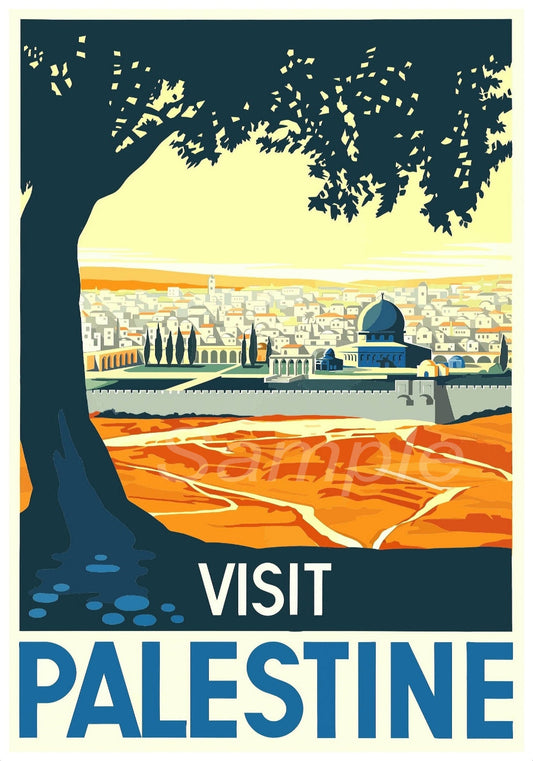 A vintage style travel poster depicting a scenic view of Palestine with the text 'VISIT PALESTINE' on it.