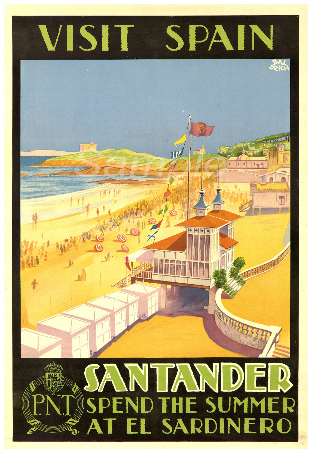 Vintage travel poster print showcasing a beach scene in Santander, Spain, with the text 'Visit Spain Santander' at the top.