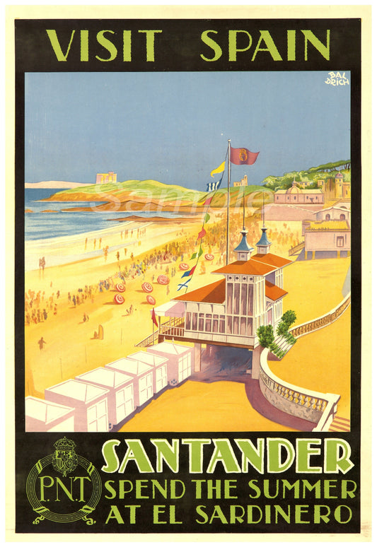 Vintage travel poster print showcasing a beach scene in Santander, Spain, with the text 'Visit Spain Santander' at the top.