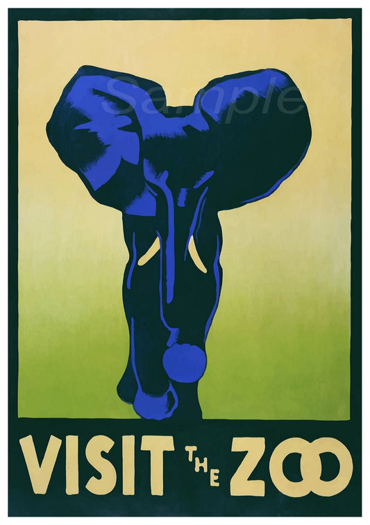 A vintage style poster depicting a blue elephant with the text 'VISIT THE ZOO' in bold capital letters below.