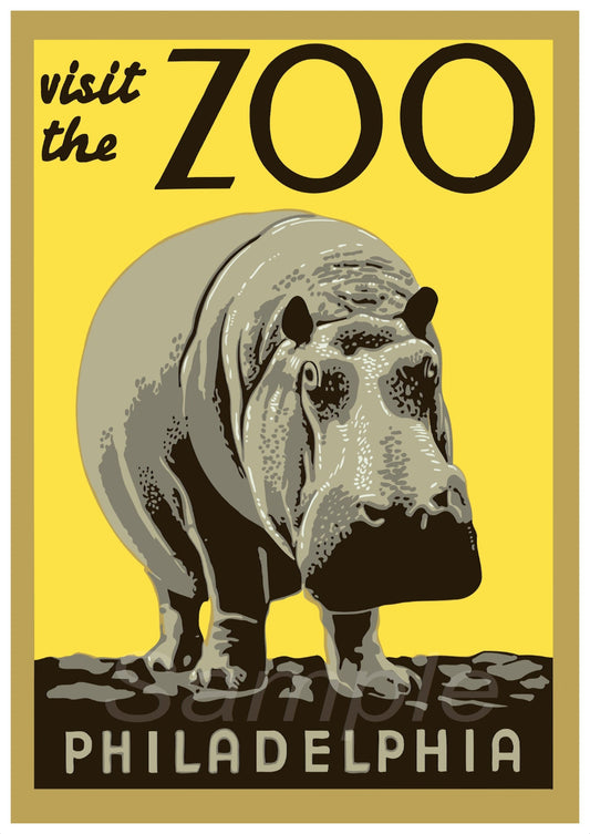 A vintage style travel poster depicting a hippopotamus with the text 'visit the ZOO Philadelphia' on a yellow background.