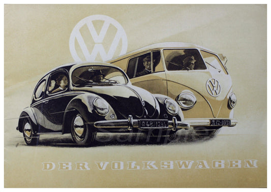 A vintage-style poster depicting a black VW Beetle and a white VW bus with the text 'DER VOLKSWAGEN'.