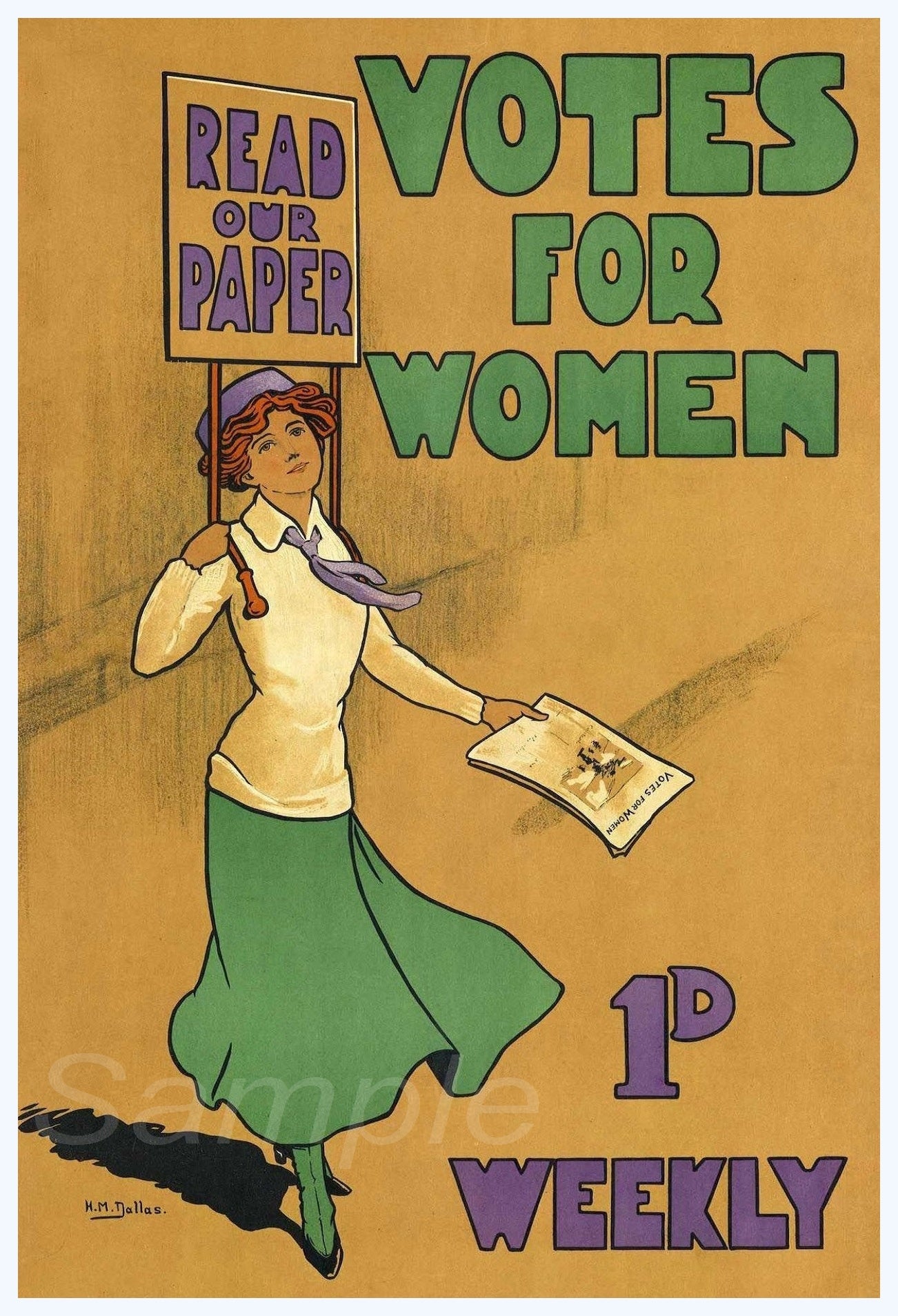 A vintage style poster with a woman holding a sign that reads 'Votes for Women', with additional text 'Read our paper' and '1st Weekly'.
