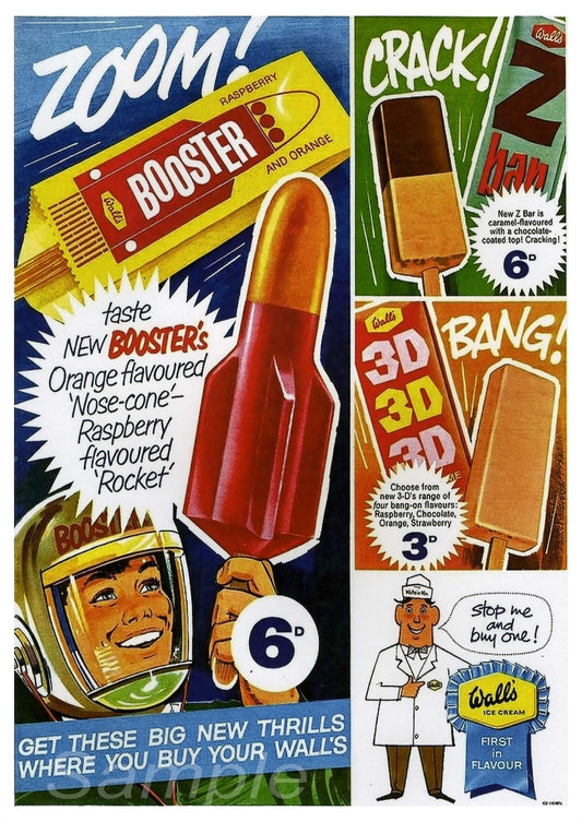 A vintage advertisement print for Walls ice lollies featuring various flavored ice sticks and the brand's history from the 1960s.