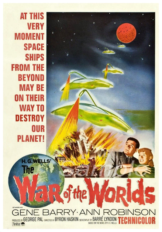 Vintage movie poster print of 'War of the Worlds' by H G Wells, featuring an extraterrestrial spaceship and a moon in the background.