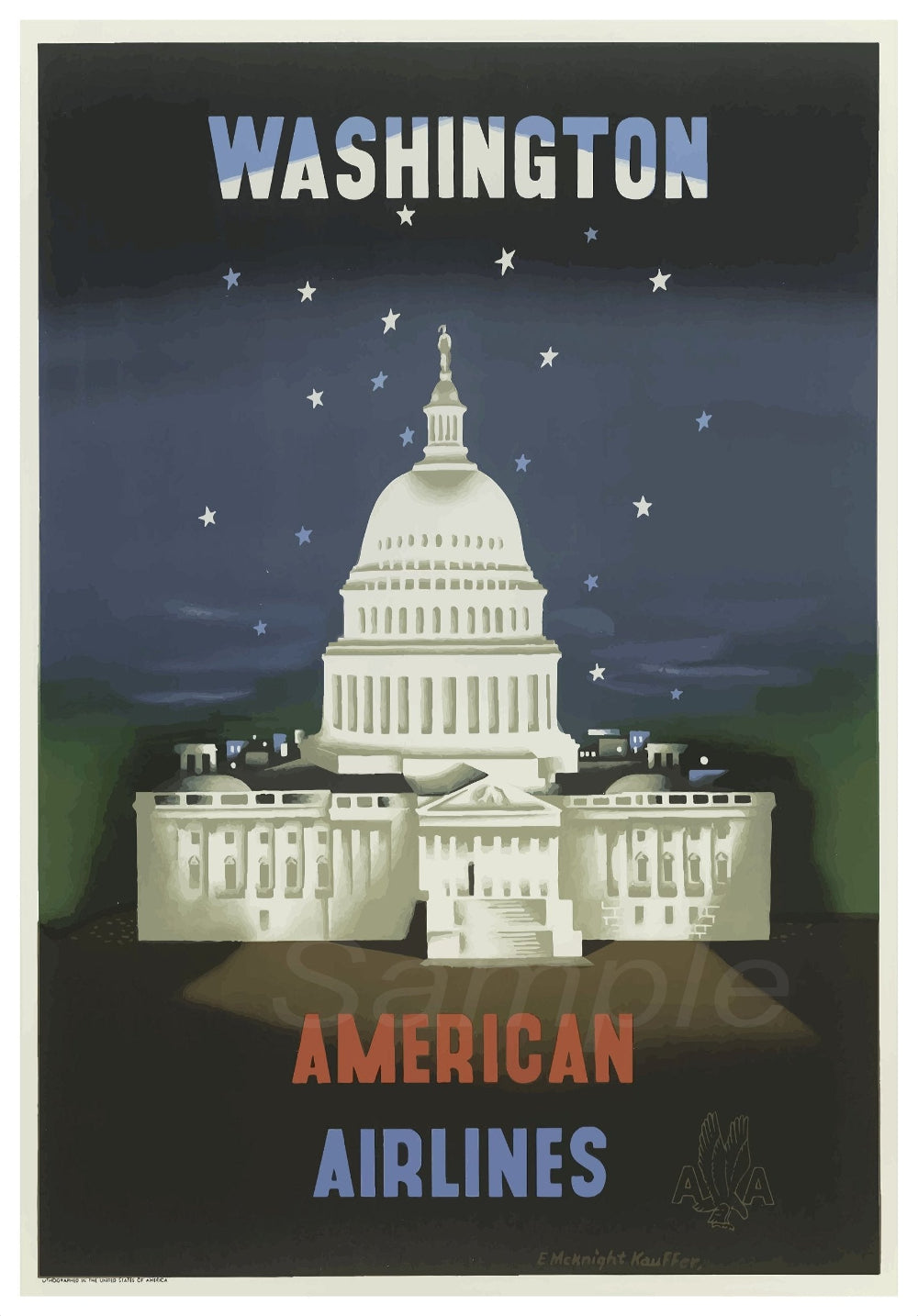 Vintage travel poster depicting the Washington Monument with the text 'Washington American Airlines' on a blue starry background.