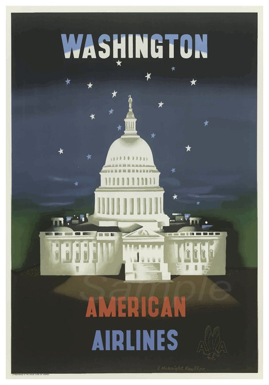 Vintage travel poster depicting the Washington Monument with the text 'Washington American Airlines' on a blue starry background.