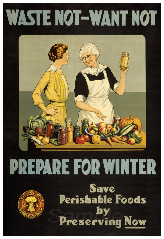 A vintage style poster with two women in a kitchen, text encourages saving perishable foods by preserving now.
