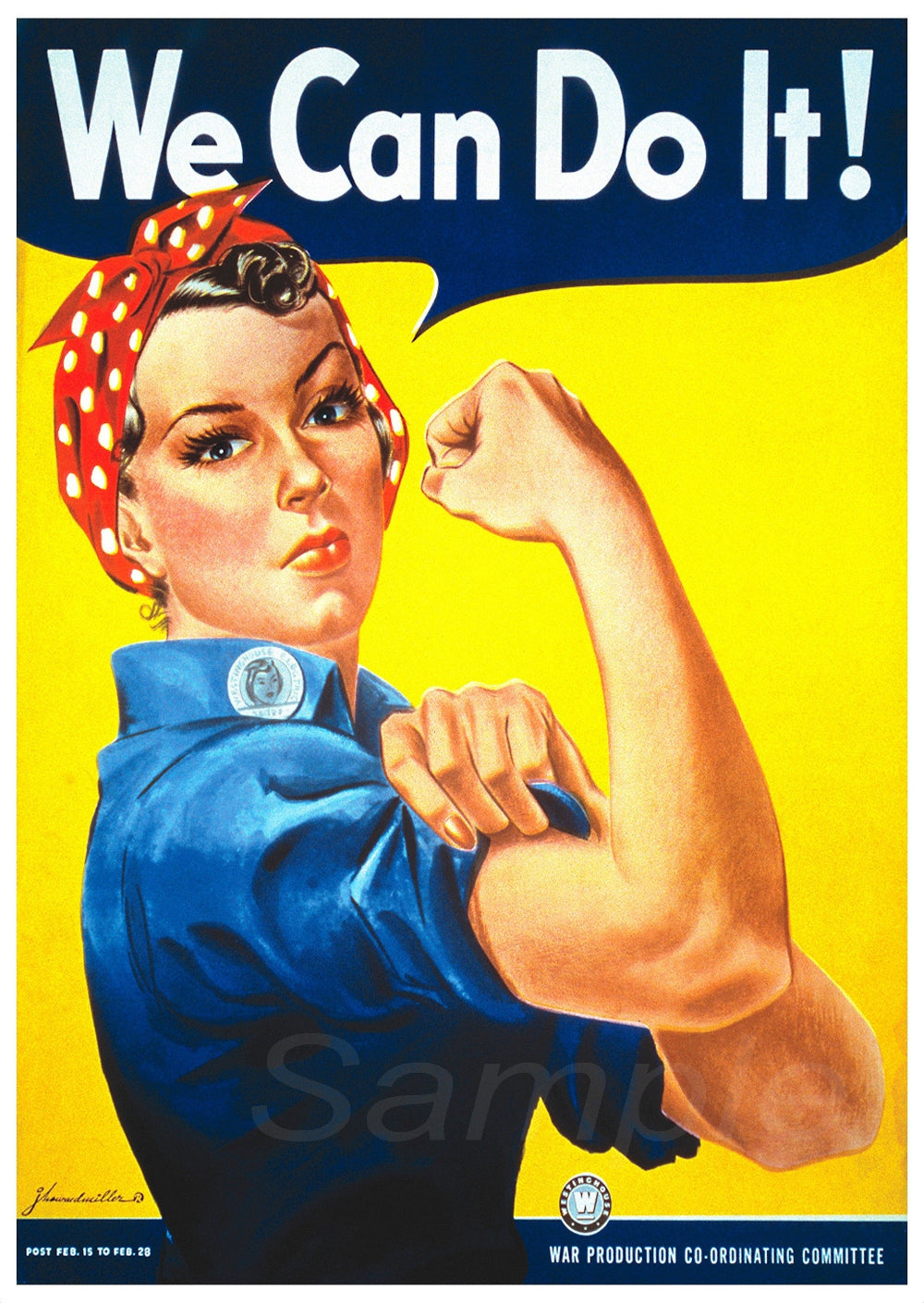 A vintage style poster with a woman flexing her bicep, with the text 'We Can Do It!' on a yellow background.