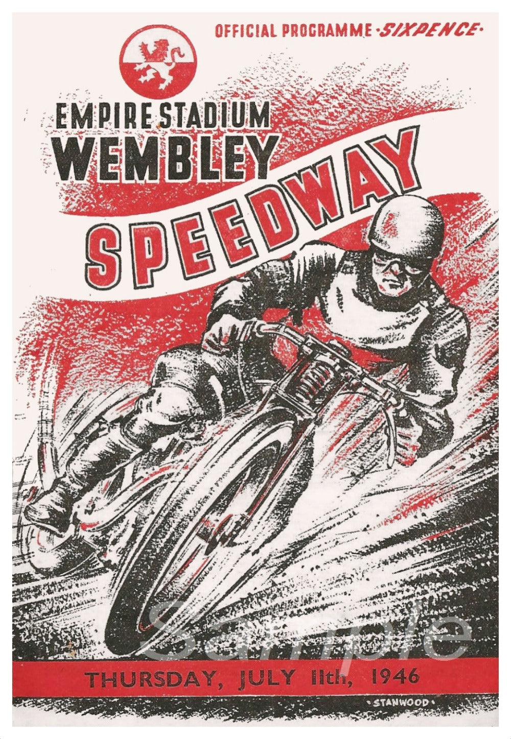 A vintage poster print of the 1946 Wembley Speedway Motorbike Racing event featuring a red and black illustration of a motorbike racer on a detailed background.