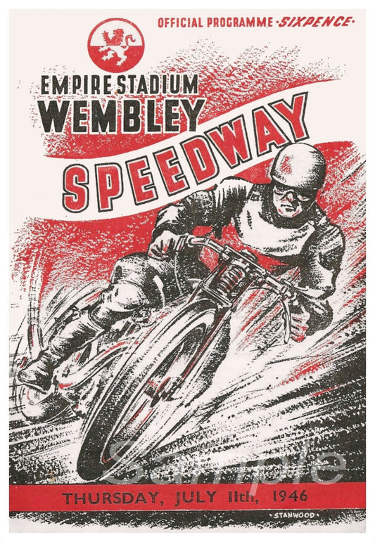 A vintage poster print of the 1946 Wembley Speedway Motorbike Racing event featuring a red and black illustration of a motorbike racer on a detailed background.
