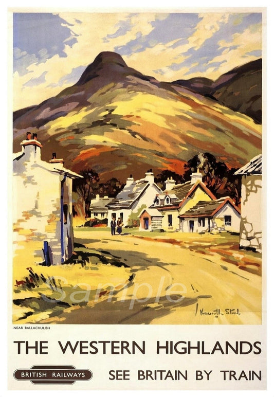A vintage poster depicting a scenic view of the Western Highlands with a railway station, surrounded by mountains and a blue sky, titled 'The Western Highlands See Britain by Train'.