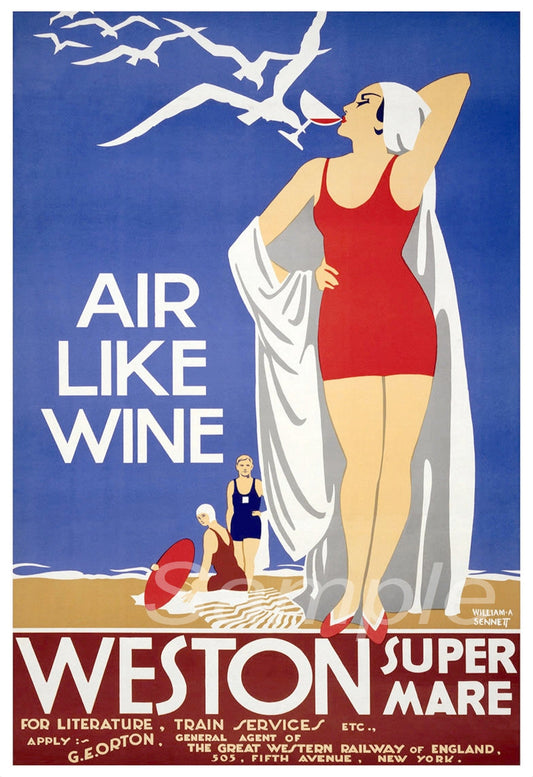 A vintage style poster print depicting a woman standing on a beach with a train in the background. The text on the poster reads 'Air like Wine Weston Super Mare'