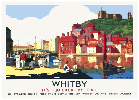 A vintage railway poster print depicting the town of Whitby with a railway station in the background, boats on the foreground, and the text 'WHITBY IT'S Quicker by Rail'.