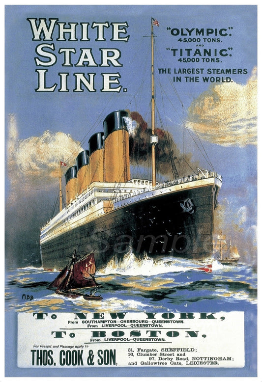 A vintage style poster of the White Star Line's Titanic and Olympic ships, with text detailing their routes and sizes.