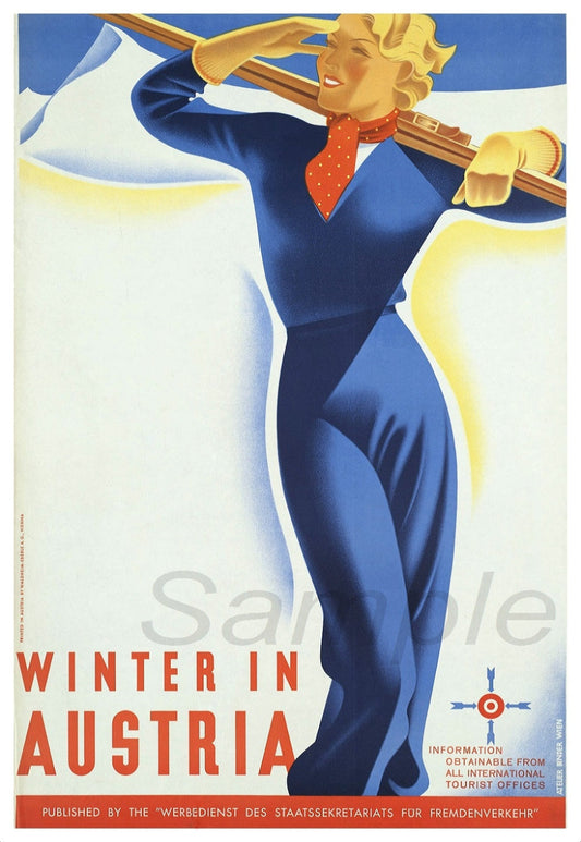 A vintage travel poster print depicting a stylized person skiing with the text 'Winter in Austria' written at the bottom.
