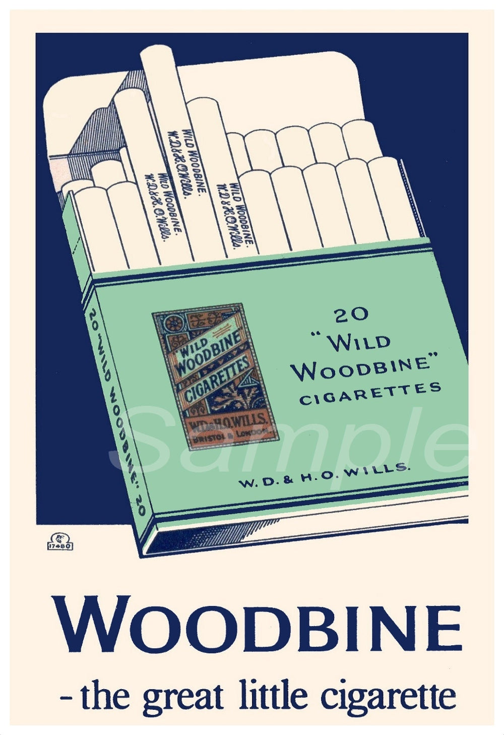 A vintage advertisement poster for Woodbine cigarettes featuring an illustration of the product packaging.