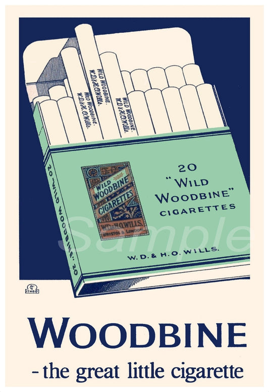 A vintage advertisement poster for Woodbine cigarettes featuring an illustration of the product packaging.