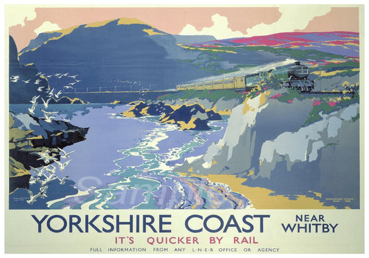 A vintage style railway poster print depicting the Yorkshire Coast with a train on the tracks, hills, and a blue sky.