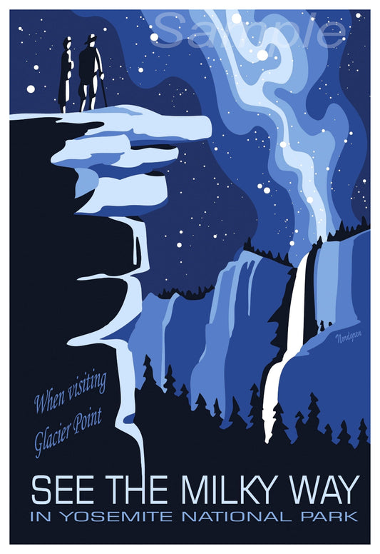 A vintage style travel poster depicting Yosemite National Park at night with a view of the Milky Way and a waterfall.
