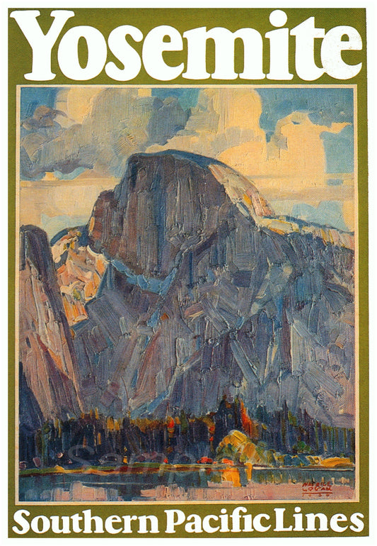 A vintage style railway poster print depicting Yosemite with mountainous terrain and the text 'Yosemite Southern Pacific Lines' on it.