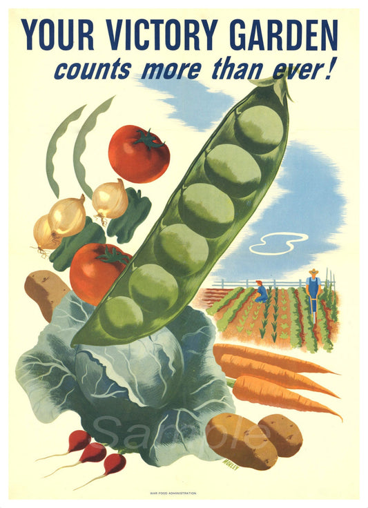 A vintage style poster depicting a garden scene with vegetables and text encouraging the viewer to grow a victory garden.