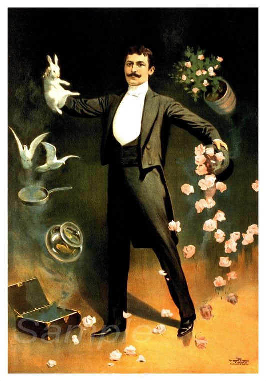 A vintage style poster of a magician performing with a bird and flowers, advertising the Zan Zig Magic Show.