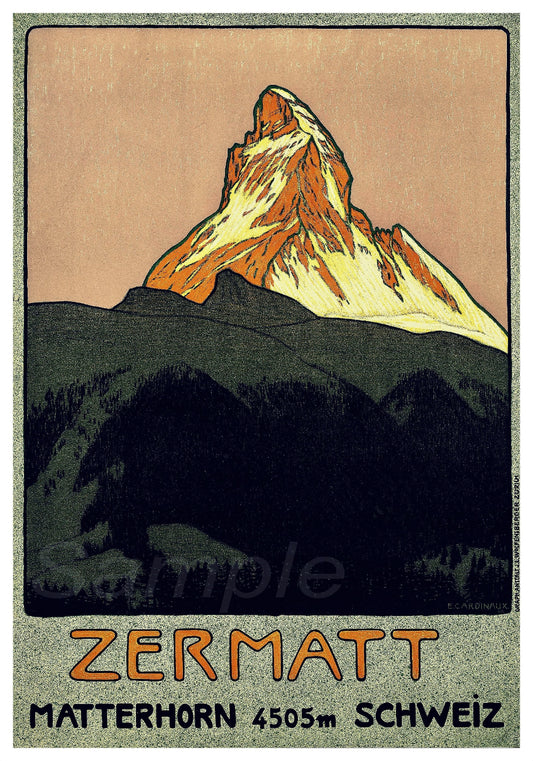 A vintage travel poster depicting the Matterhorn mountain peak with the text 'ZERMATT MATTERHORN 4505m SCHWEIZ' at the bottom.