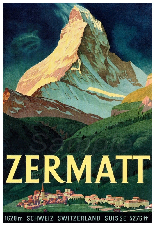 A vintage travel poster print featuring the Matterhorn mountain with the town of Zermatt in the background, predominantly in green, blue, and yellow colors.