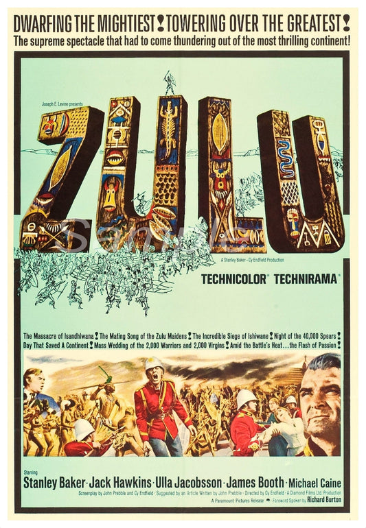 A vintage movie poster print titled 'Zulu' featuring text and imagery related to the film.