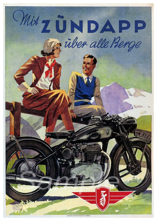 A vintage advertisement poster for Zundapp motorcycles featuring two people and a motorcycle against a mountainous backdrop.
