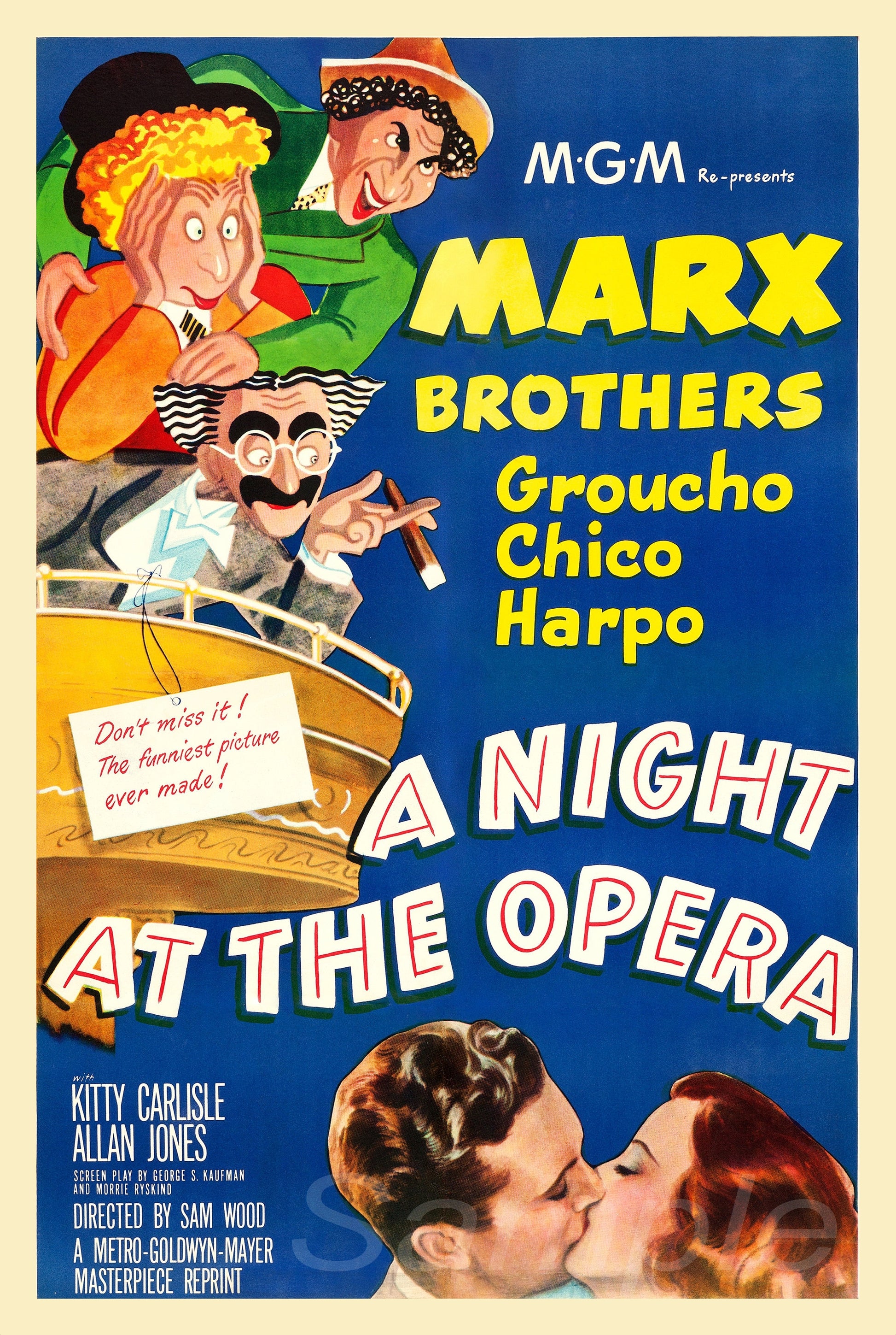 Vintage movie poster print of 'A Night at The Opera' featuring illustrations of the Marx Brothers and other characters.
