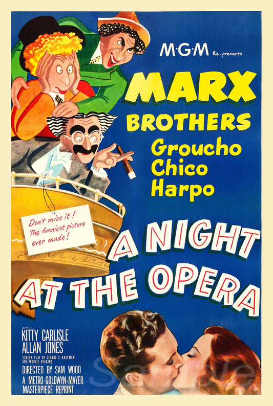 Vintage movie poster print of 'A Night at The Opera' featuring illustrations of the Marx Brothers and other characters.
