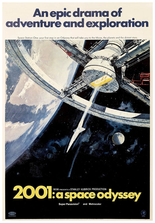 Vintage movie poster for 2001: A Space Odyssey featuring a space station and a spacecraft with a blue and yellow color scheme against a black background with text at the top and bottom.