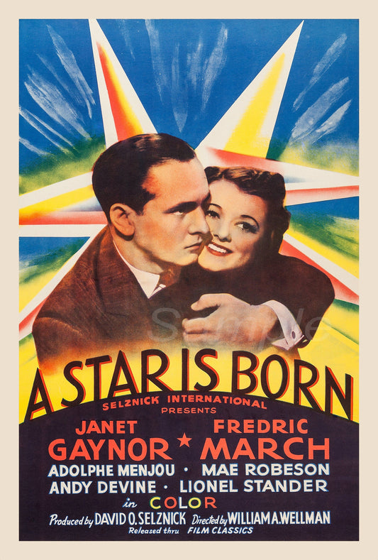 A vintage movie poster print for 'A Star is Born' featuring portraits of the main actors Janet Gaynor and Fredric March, with the title text and additional credits.