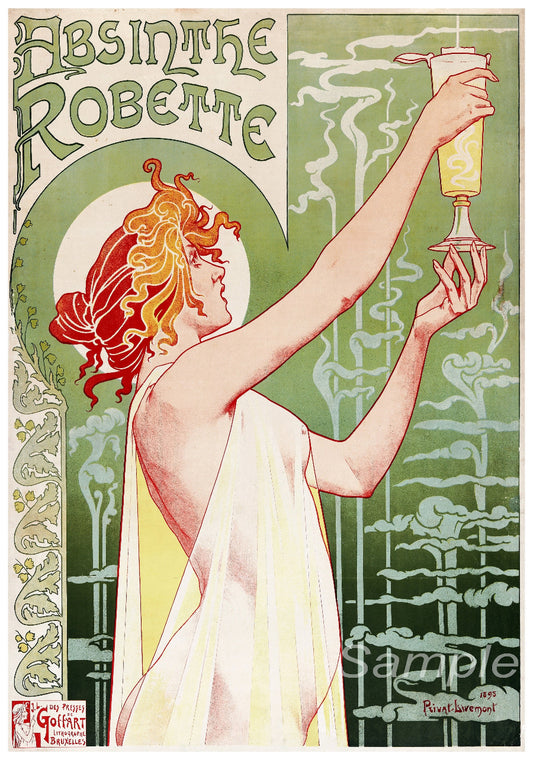 A vintage style poster of the 1896 Absinthe Robette Liqueur, featuring a woman holding a glass of absinthe.