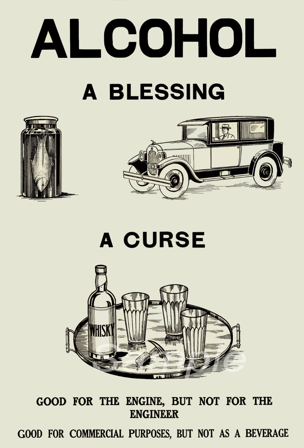 A vintage style poster with the title 'Alcohol A Blessing A Curse' featuring illustrations of a car, alcohol bottles, and a glass. Text on the poster reads 'GOOD FOR THE ENGINE, BUT NOT FOR THE ENGINEER.