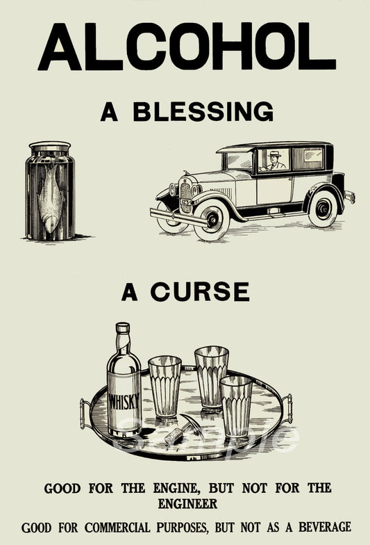 A vintage style poster with the title 'Alcohol A Blessing A Curse' featuring illustrations of a car, alcohol bottles, and a glass. Text on the poster reads 'GOOD FOR THE ENGINE, BUT NOT FOR THE ENGINEER.