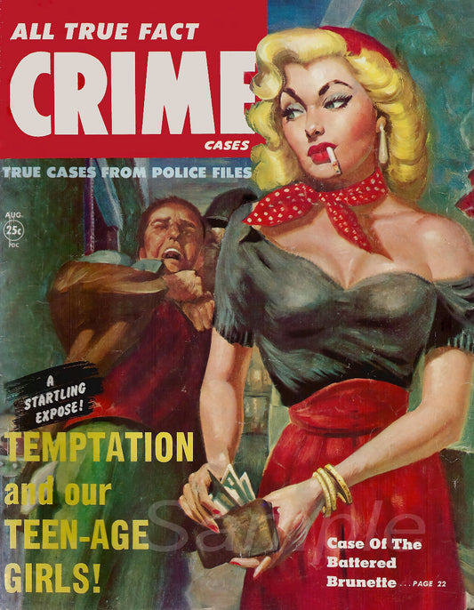 Vintage magazine cover with a woman in a red dress and a man in a suit, featuring text about crime and teenage girls.