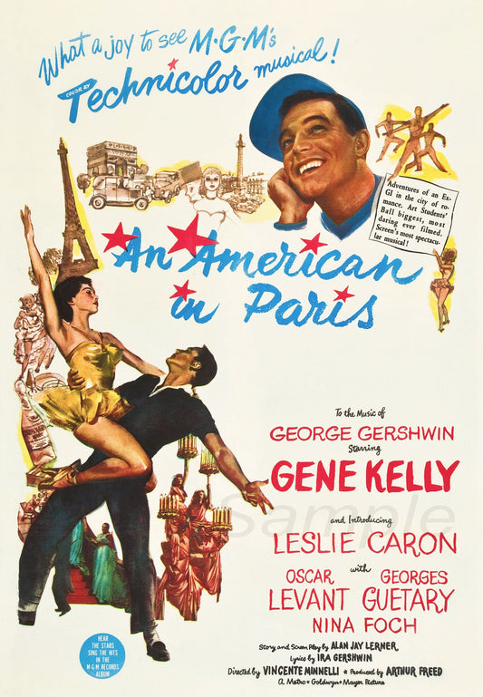 Vintage movie poster for 'An American in Paris' featuring a man and a woman dancing, with the text 'What a joy to be in Paris!' and credits for the cast and crew.