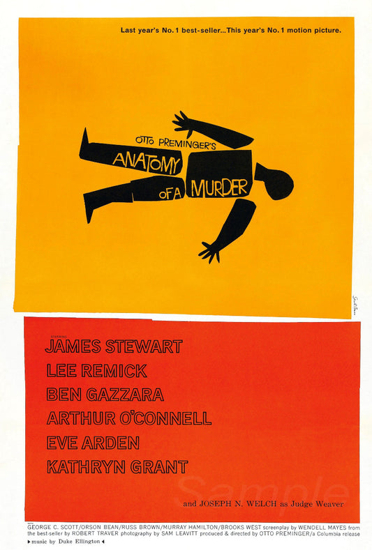 A vintage movie poster print featuring a silhouette of a man in a suit with the title 'Anatomy of a Murder' written above. The background is yellow, and the poster includes the names of the cast members in a smaller text.