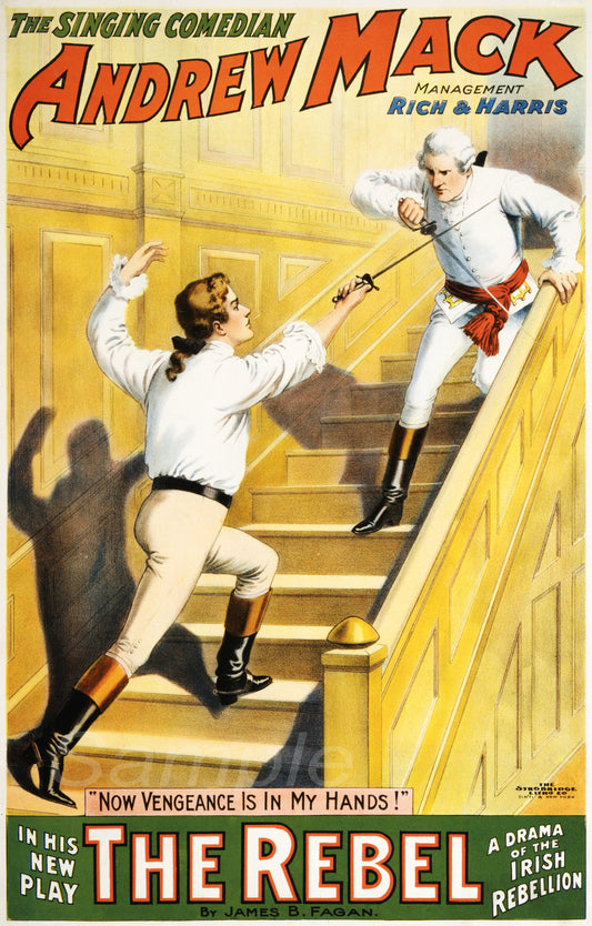 Vintage advertising poster featuring two men fighting over a woman, with the text 'The Singing Comedian' and 'The Rebel' above them.