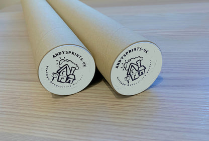 Two sturdy postal tubes with 'Andy's Prints UK' logo on a light wooden surface