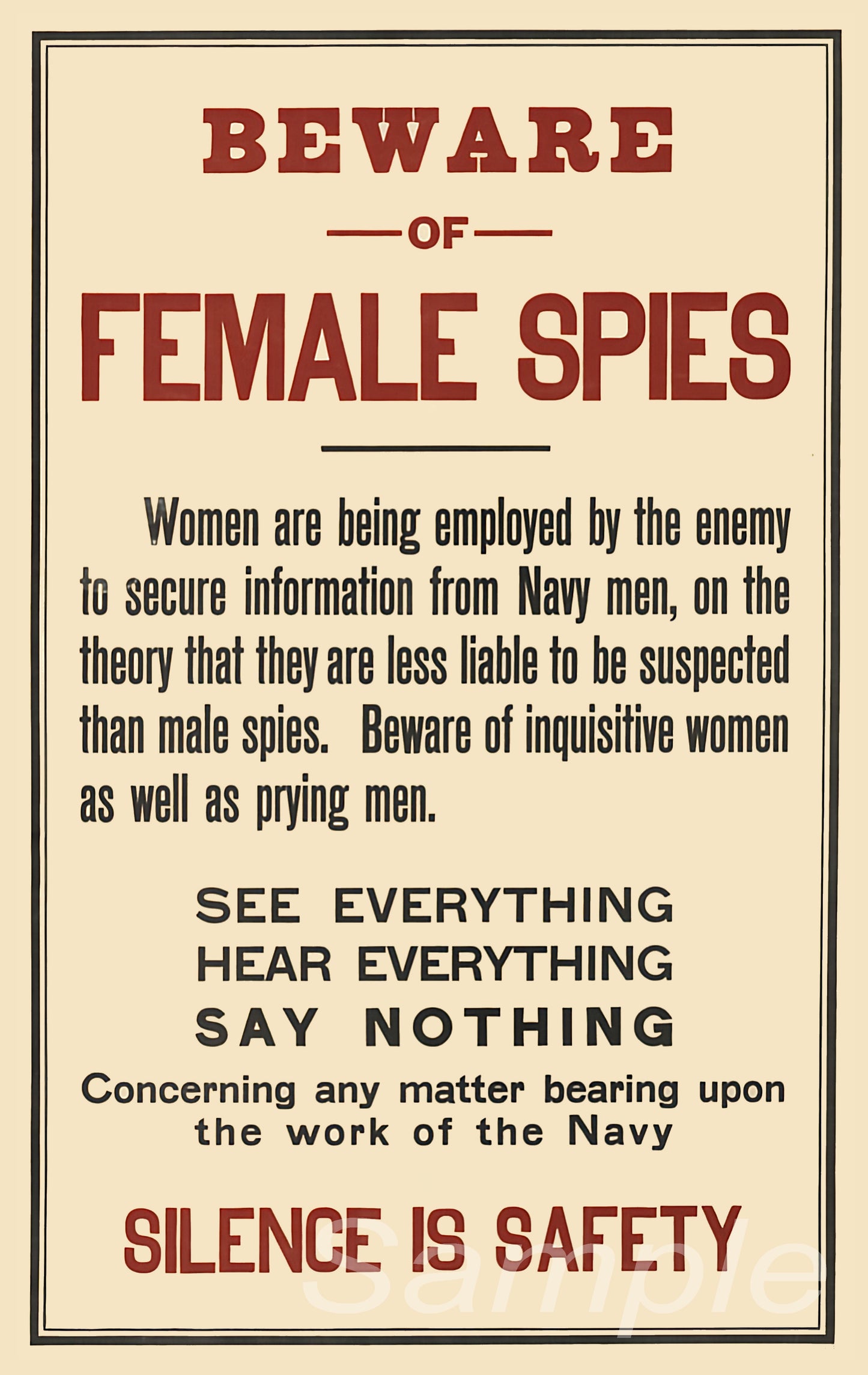 A vintage war poster print with the title 'Beware of Female Spies' featuring red text on a yellow background with additional text and a cautionary phrase.