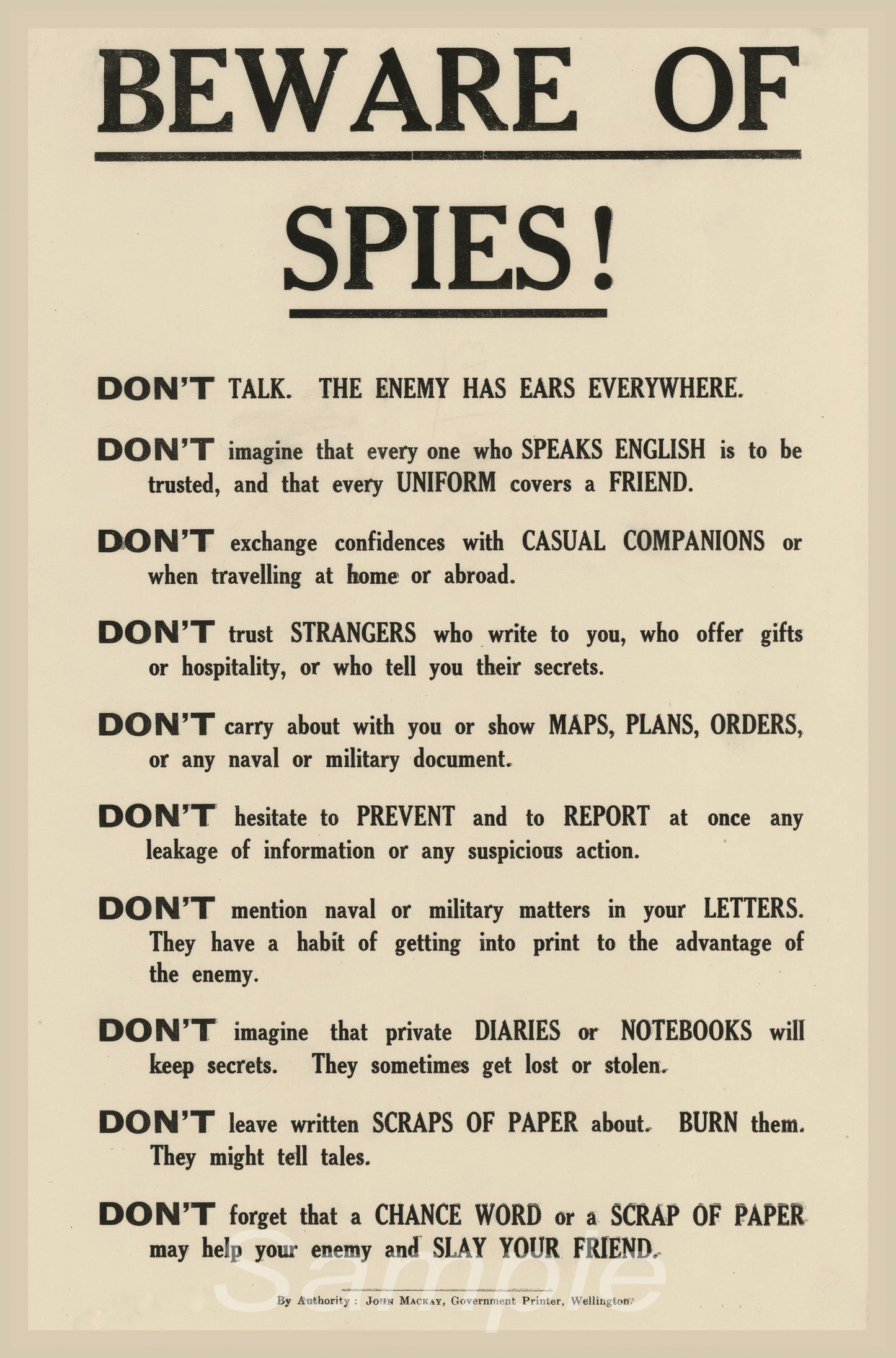 A vintage-style poster with the title 'BEWARE OF SPIES!' listing various points of caution in a hierarchical format.