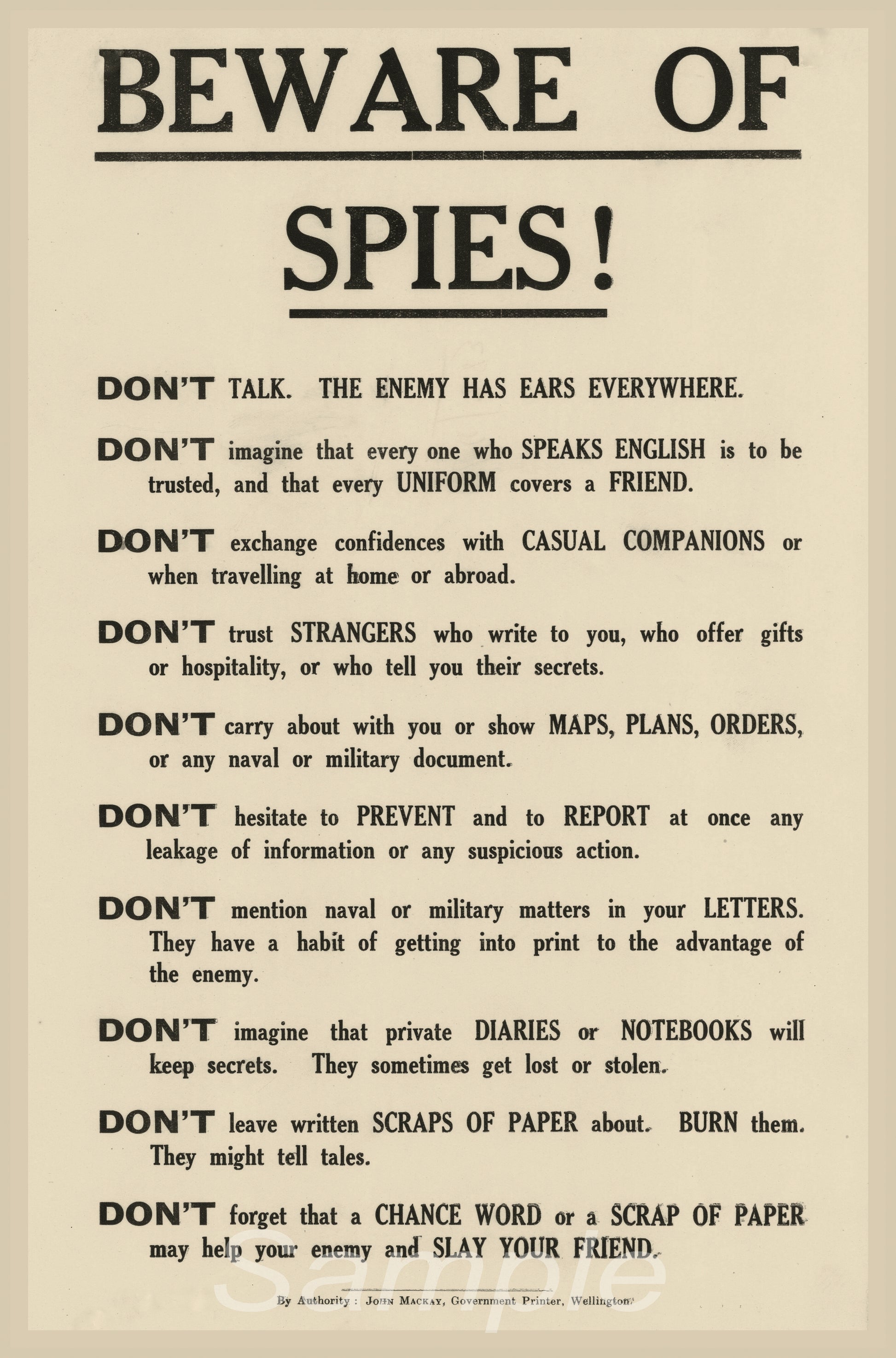 A vintage-style poster with the title 'BEWARE OF SPIES!' listing various points of caution in a hierarchical format.
