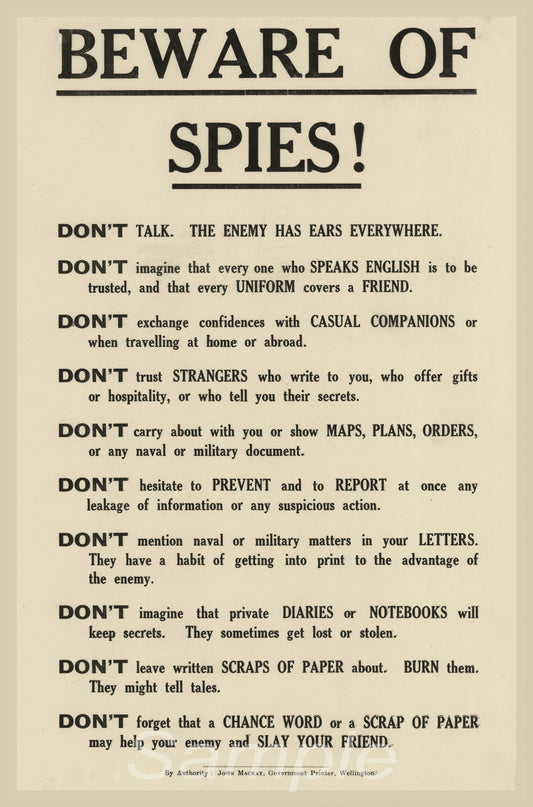 A vintage-style poster with the title 'BEWARE OF SPIES!' listing various points of caution in a hierarchical format.