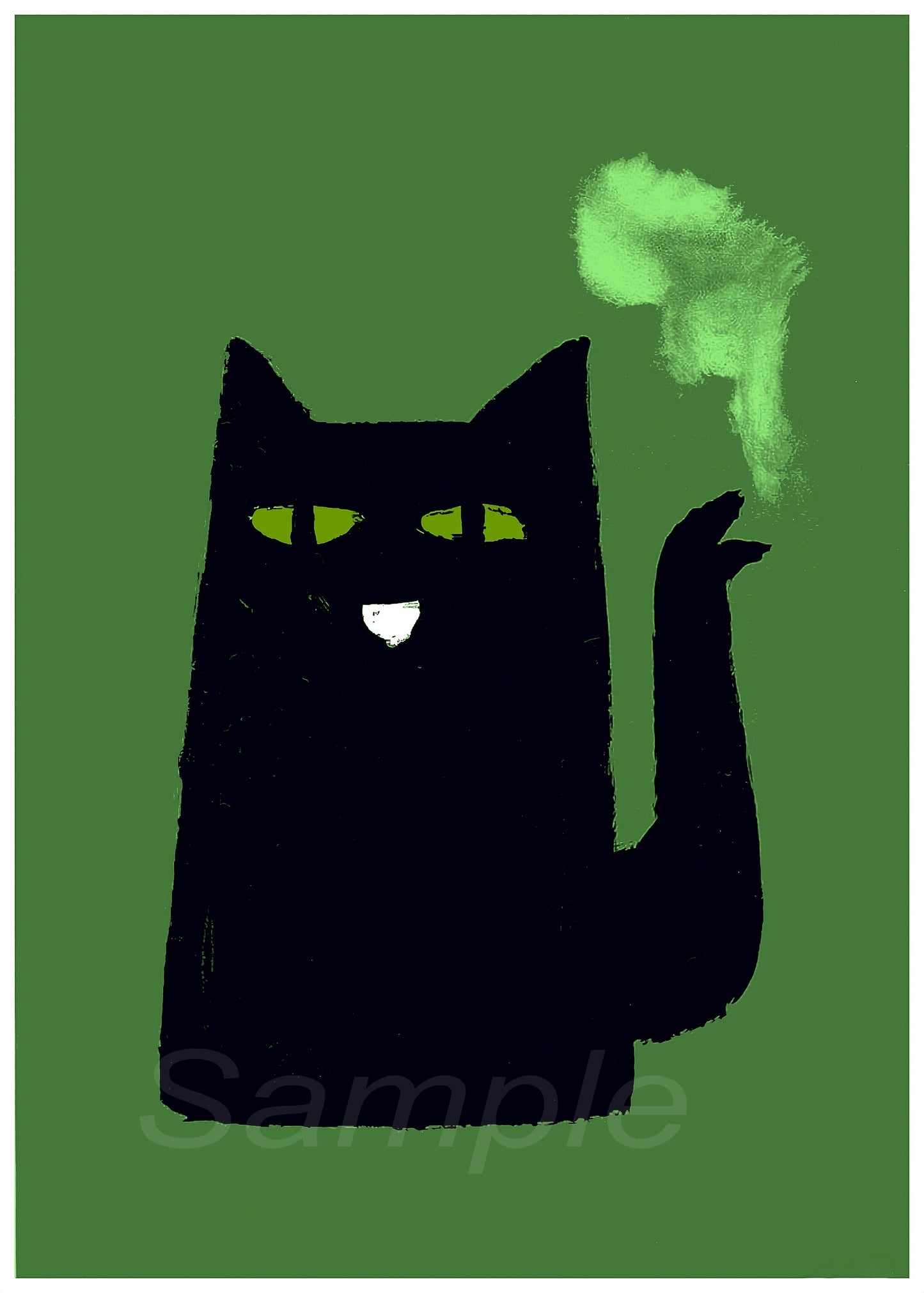 Black cat with green eyes and a green smoke puff on a green background