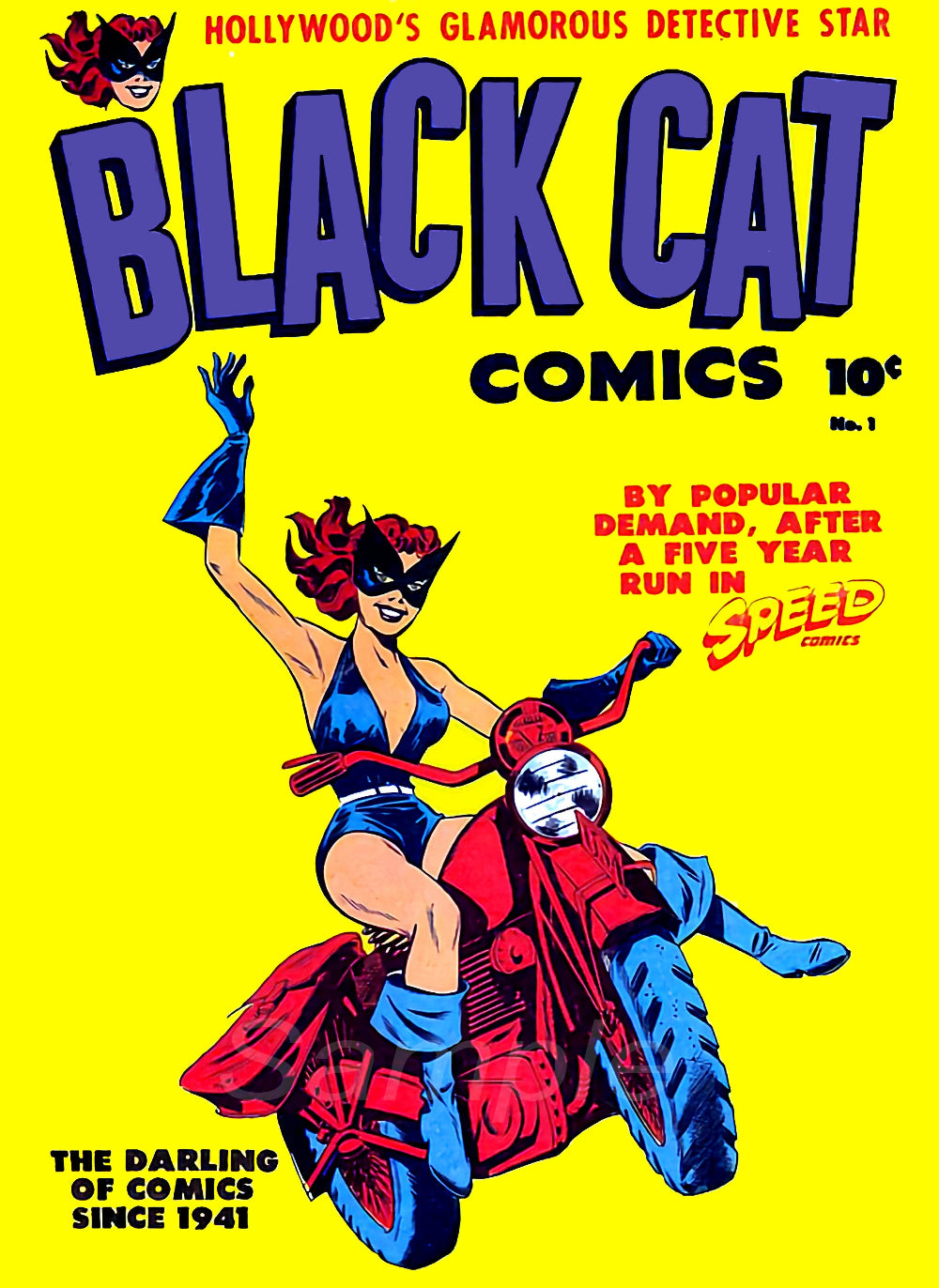 Vintage comic book cover featuring a superheroine on a motorcycle with promotional text.