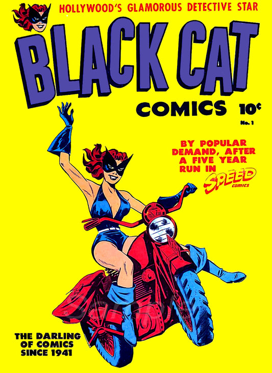 Vintage comic book cover featuring a superheroine on a motorcycle with promotional text.